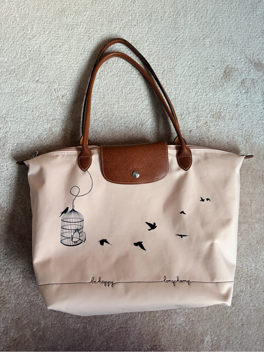 Longchamp Pink Tote with Brown Trim and Bird Graphic